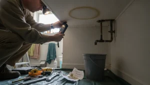 Subtle round ceiling stain and warped drywall near bathroom—possible hidden water leak in Orlando home